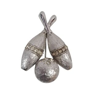 Vintage Pell Rhinestone Bowling Pins And Ball Brooch Pin Stamped